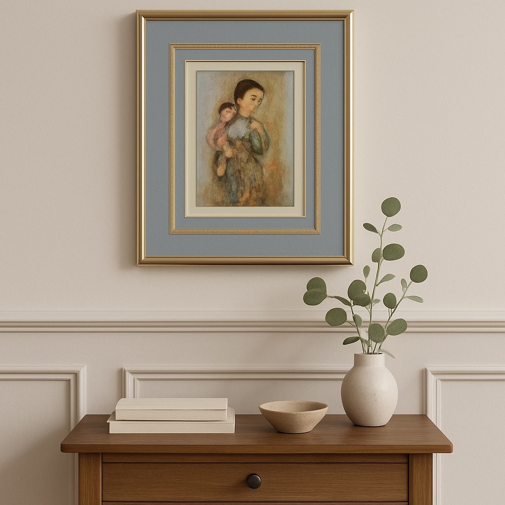 Vintage Japanese Woman Carrying Baby Print by Edna Hibel 8 x 12 Matt Frame Rare